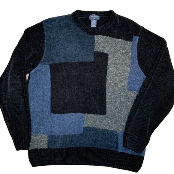 Dockers Blue Patchwork Crew Neck Long Sleeve Pullover Sweater Sz Med Grandpacore - Picture 1 of 11